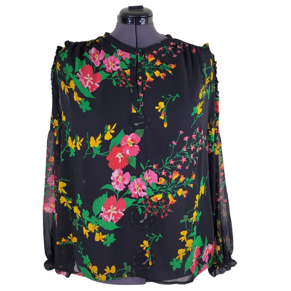 CAbi Thespian Blouse Size XL Front Keyhole Ruffled Sheer Black Floral Style 5706
